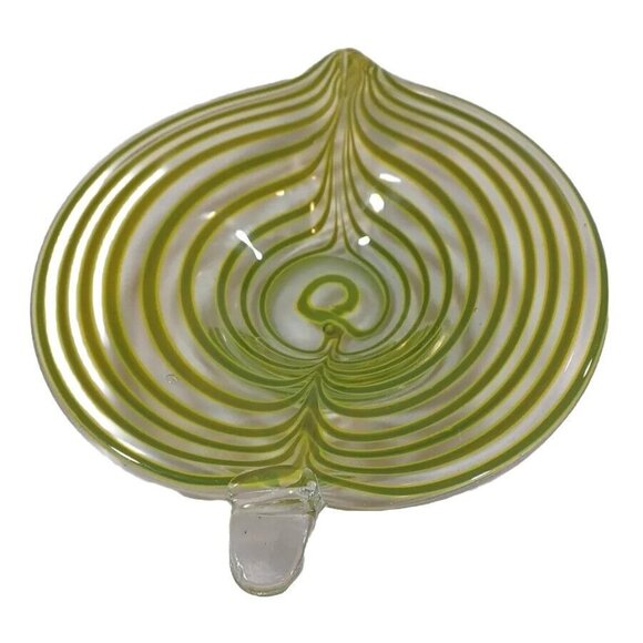 Mid Century Murano Centerpiece Bowl Tyra Lundgren Leaf Stripes Green Yellow - Picture 11 of 16